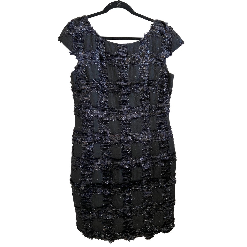 THEIA Black Textured Sheath‎ Dress Sequins Cap Sleeve Knee Length Size 14